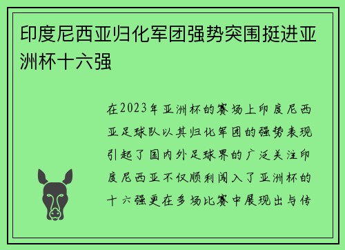 印度尼西亚归化军团强势突围挺进亚洲杯十六强